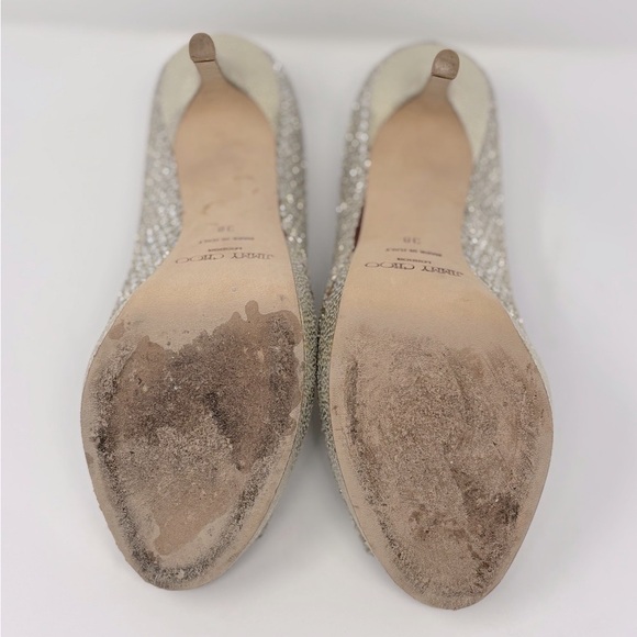 Jimmy Choo Crown Glitter Fabric Champagne Peep Toe Pumps Heels Size 38 - Picture 7 of 12